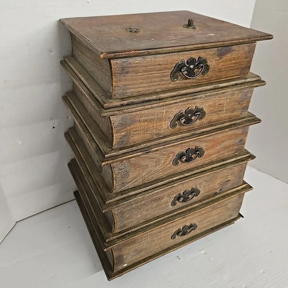 Antique Chinese Wood Carved 5 Drawer Pagoda Handle Storage Jewelry Box